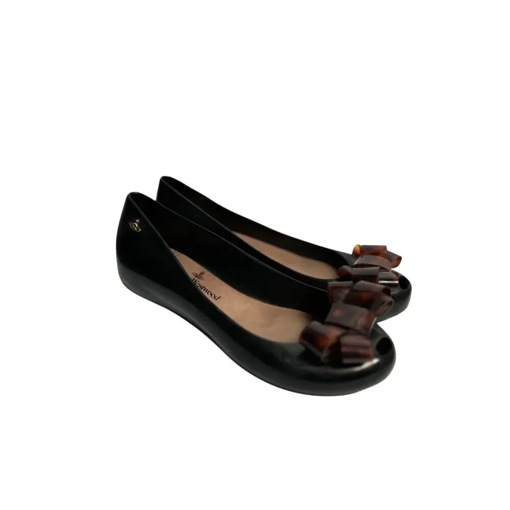 Vivienne Westwood Melissa Ultragirl Jelly Flats Tortoiseshell Bow Peep Toe Black
